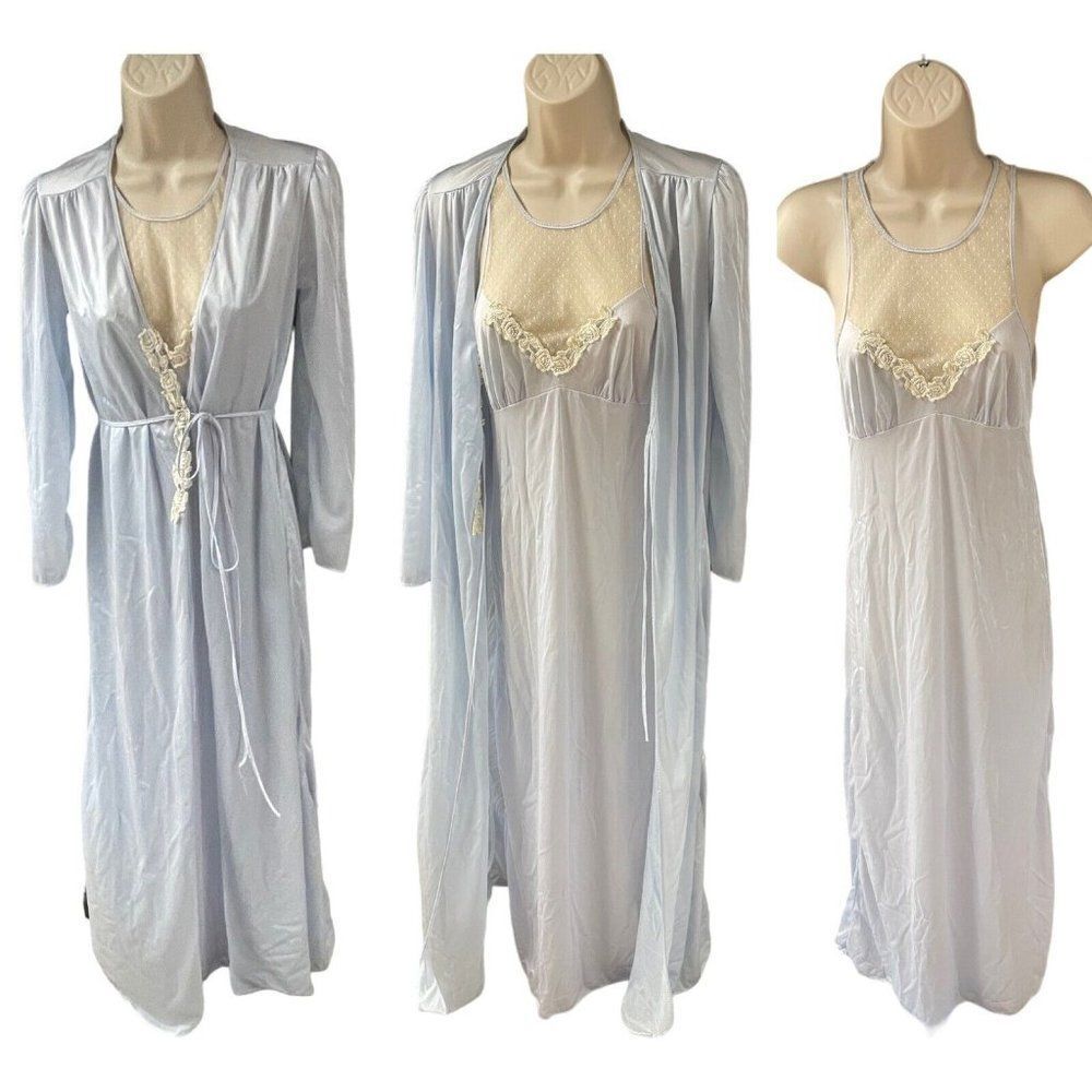 Vintage SuperBrite Bradley Long Nylon Satin Gown With Robe Small Union Made 2pc
